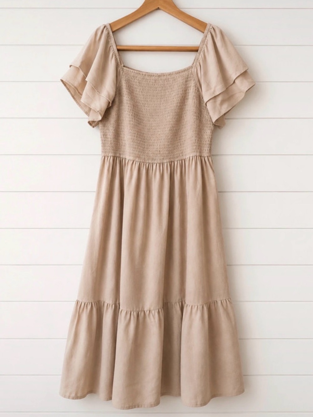 Tiered Flutter Sleeve Flowy Midi Dress in Neutral Beige